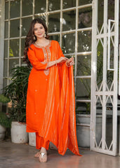 Traditional orange embroidered Chanderi silk kurti with ornate zari detailing for festive wear.