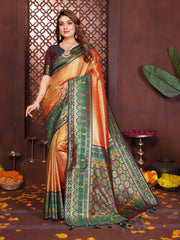 “Elegant orange Banarasi tissue silk saree with intricate zari weaving displayed on product page.”