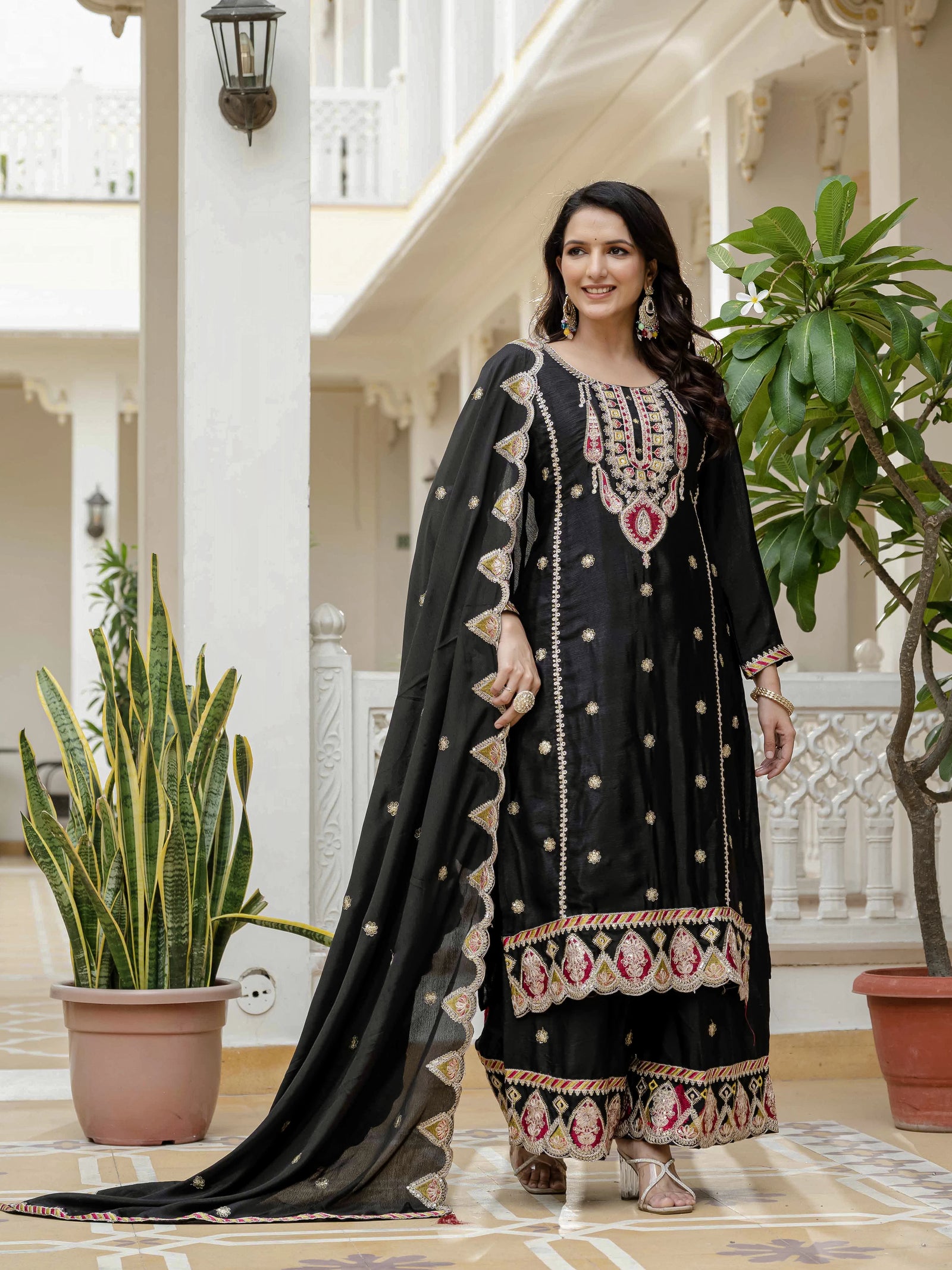 Black Embroidery Sequin Work Chinon Silk Suit - kalyanja