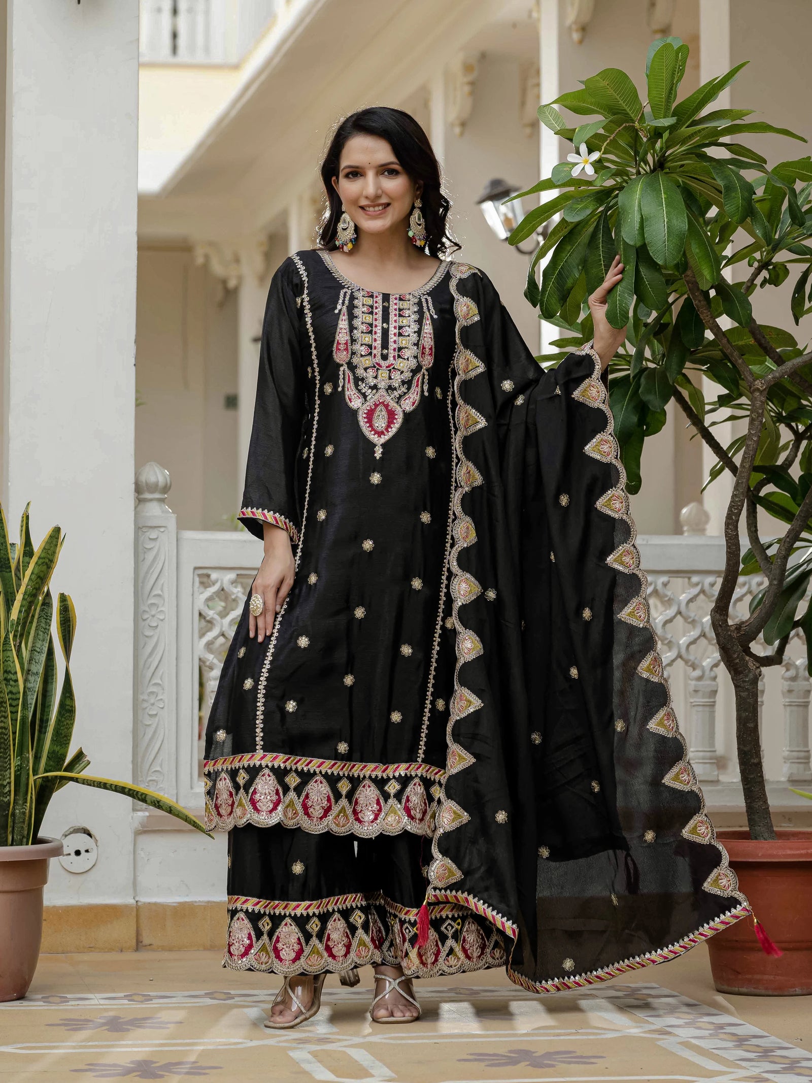Black Embroidery Sequin Work Chinon Silk Suit - kalyanja