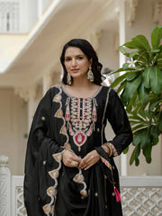 Black Embroidery Sequin Work Chinon Silk Suit - kalyanja