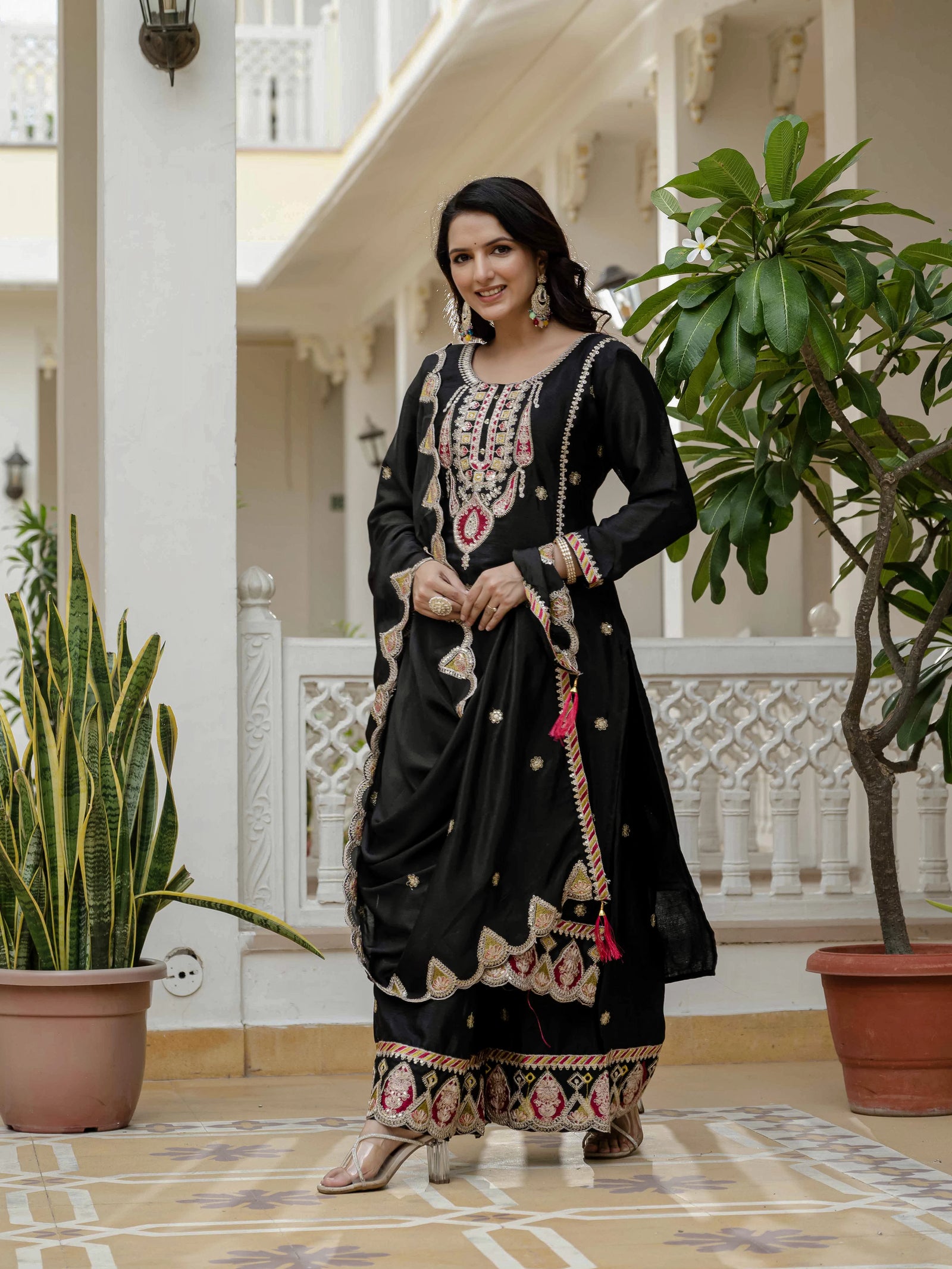 black embroidery sequin work chinon silk suit