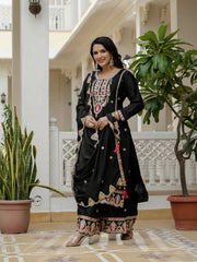 black embroidery sequin work chinon silk suit