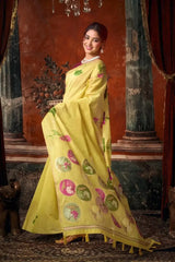 Pale Yellow Saree – full view showcasing woven lotus medallion pallu