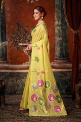 Pale Yellow Khadi Cotton Saree – side drape view showing woven lotus body