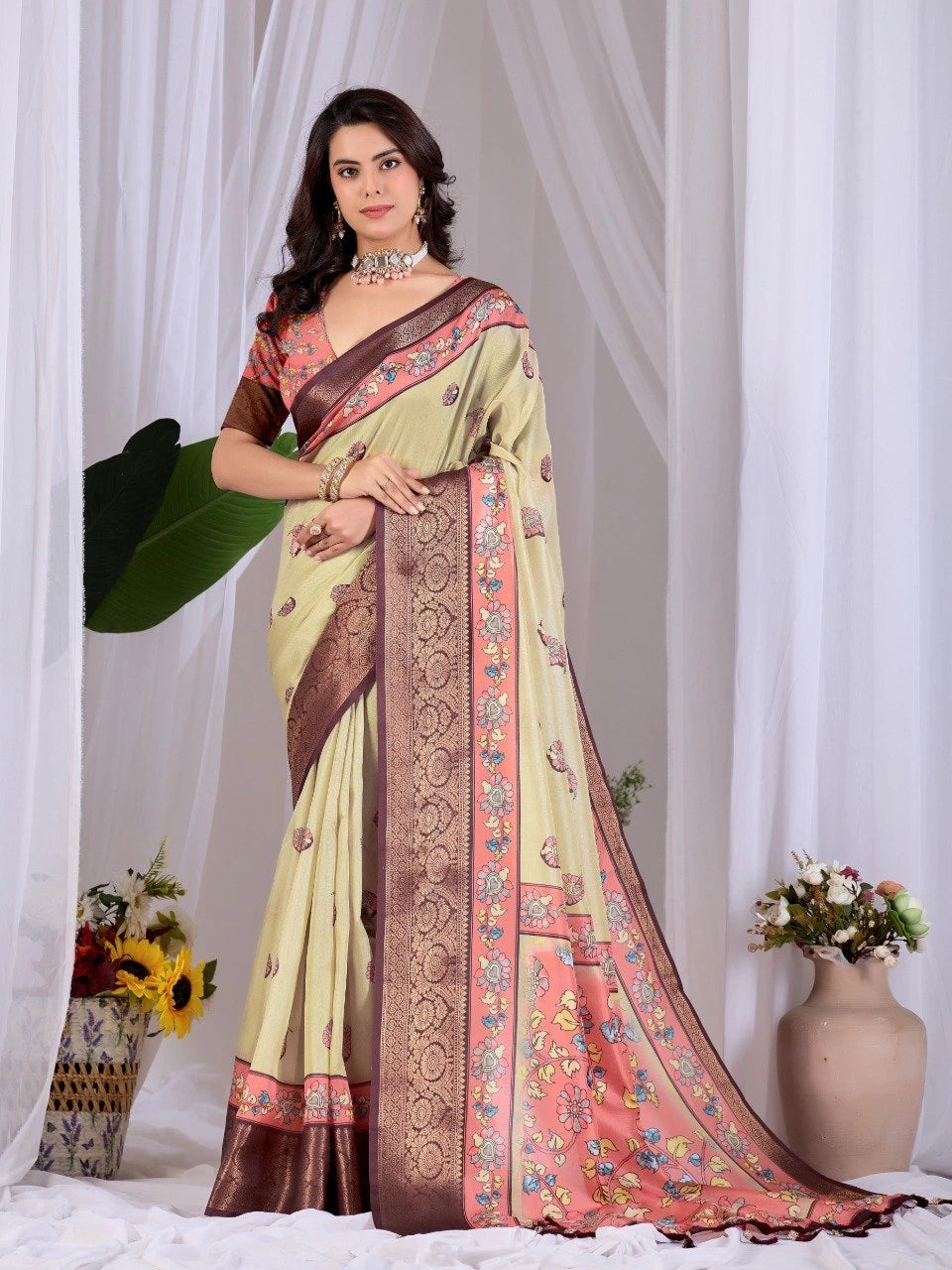 Woman wearing a traditional saree with a floral background