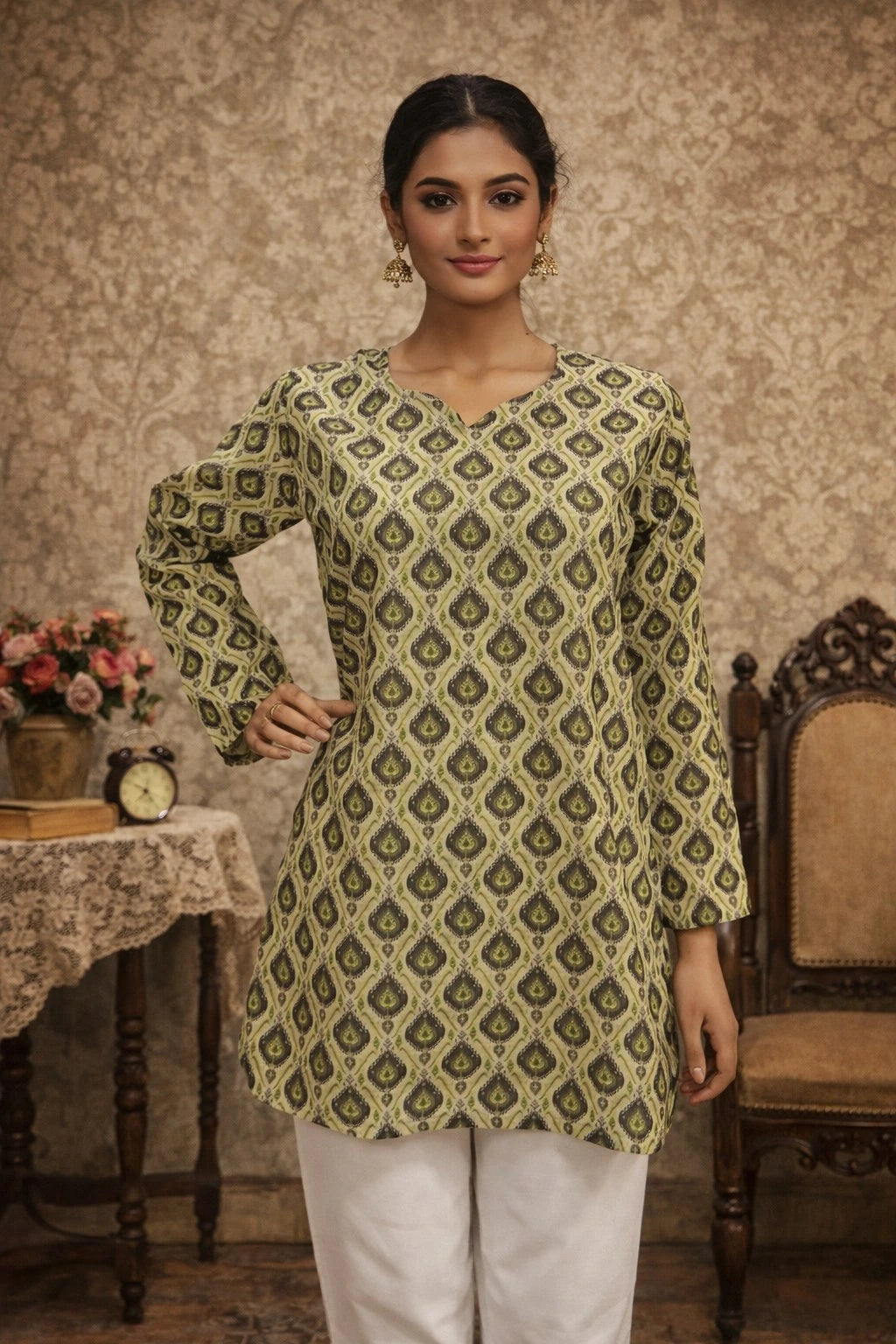 Woman wearing a green patterned top with white pants in a vintage room setting.