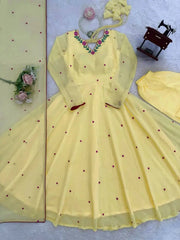 Designer Lemon Yellow Anarkali Kurta Set featuring Delicate Embroidery, Full Sleeves, and Flowing Dupatta