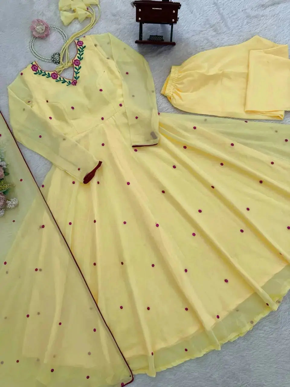 Women's Yellow Festive Wear Anarkali Suit with Embroidered Yoke, Straight Pants, and Lightweight Dupatta