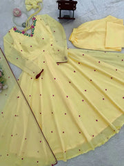 Women's Yellow Festive Wear Anarkali Suit with Embroidered Yoke, Straight Pants, and Lightweight Dupatta