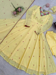Stylish Yellow Anarkali Dress with Embroidered Neck Detail, Matching Bottom, and Soft Chiffon Dupatta for Celebrations