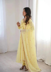 Elegant Yellow Georgette Anarkali Dress featuring Floral Embroidered Neckline and Lightweight Dupatta