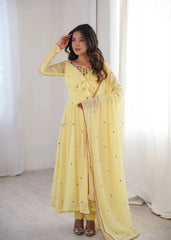 Pastel Yellow Embroidered Anarkali Suit with Matching Dupatta and Straight Pants for Festive Wear