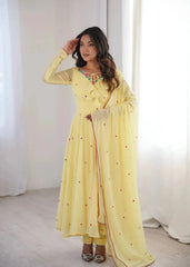 Pastel Yellow Embroidered Anarkali Suit with Matching Dupatta and Straight Pants for Festive Wear