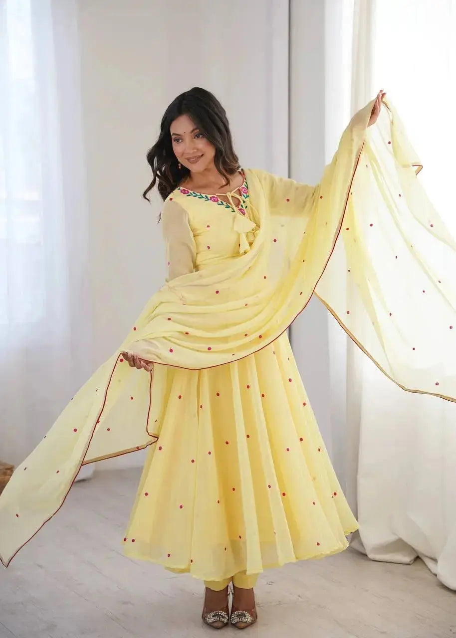 Beautiful Lemon Yellow Anarkali Kurta Set with Embroidered Yoke, Coordinated Dupatta, and Comfortable Pants