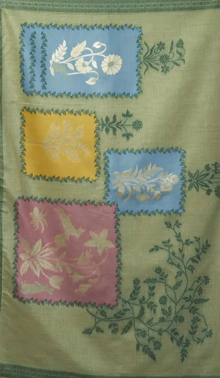 Pastel Green Jacquard Cotton Saree flat lay showing woven square panels in blue, mustard and pink