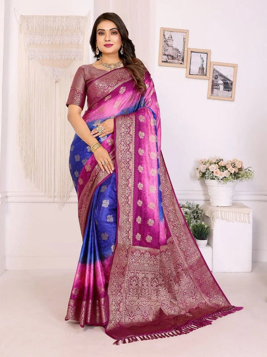 Woman wearing a multicolored saree with a white background