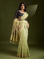 Woman wearing a light green saree with a dark blouse against a dark background