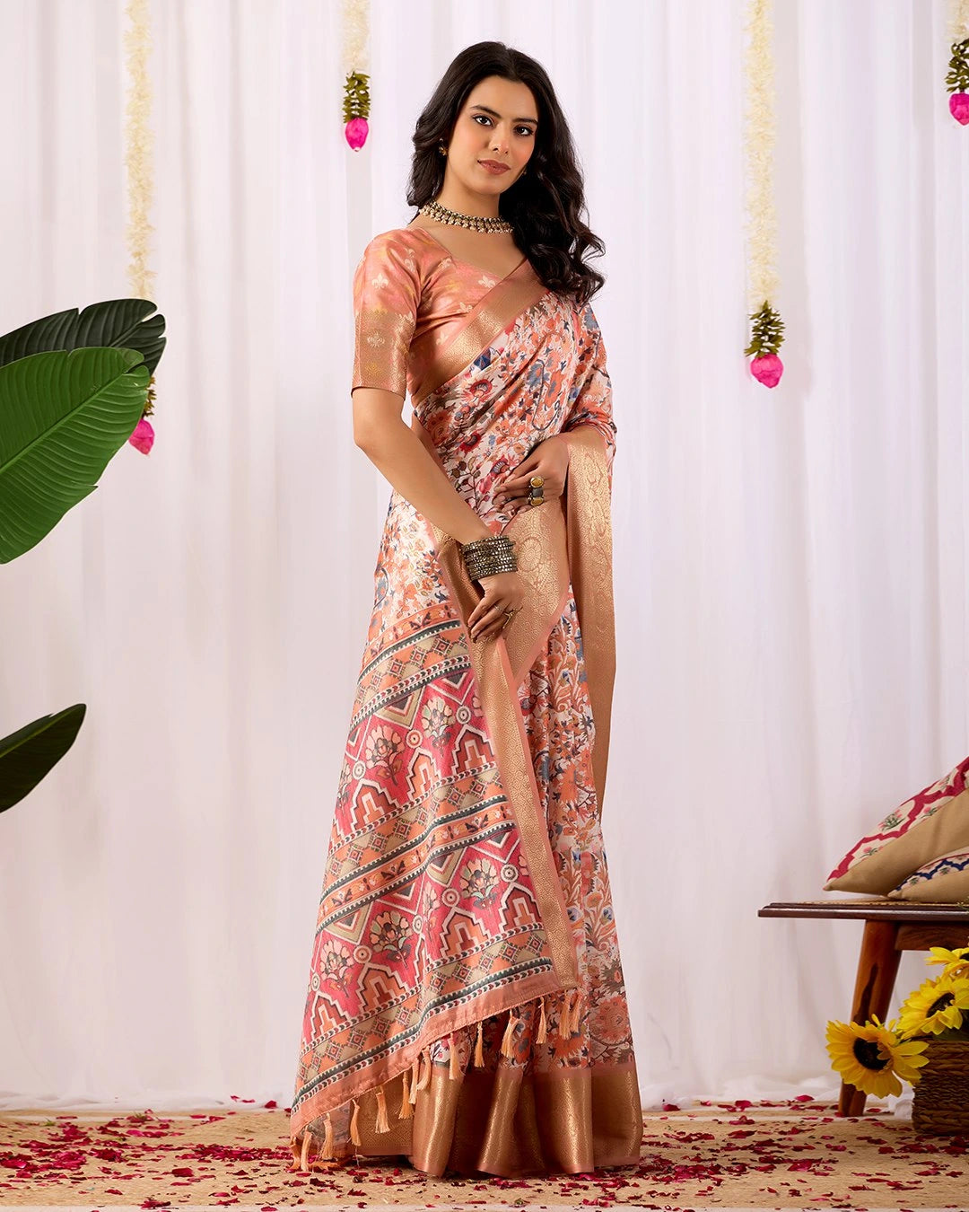 Soft Peach Digital Floral Weaving & Zari Border Soft Lichi Silk Saree