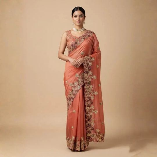 Woman wearing a peach saree with intricate gold embroidery on a beige background