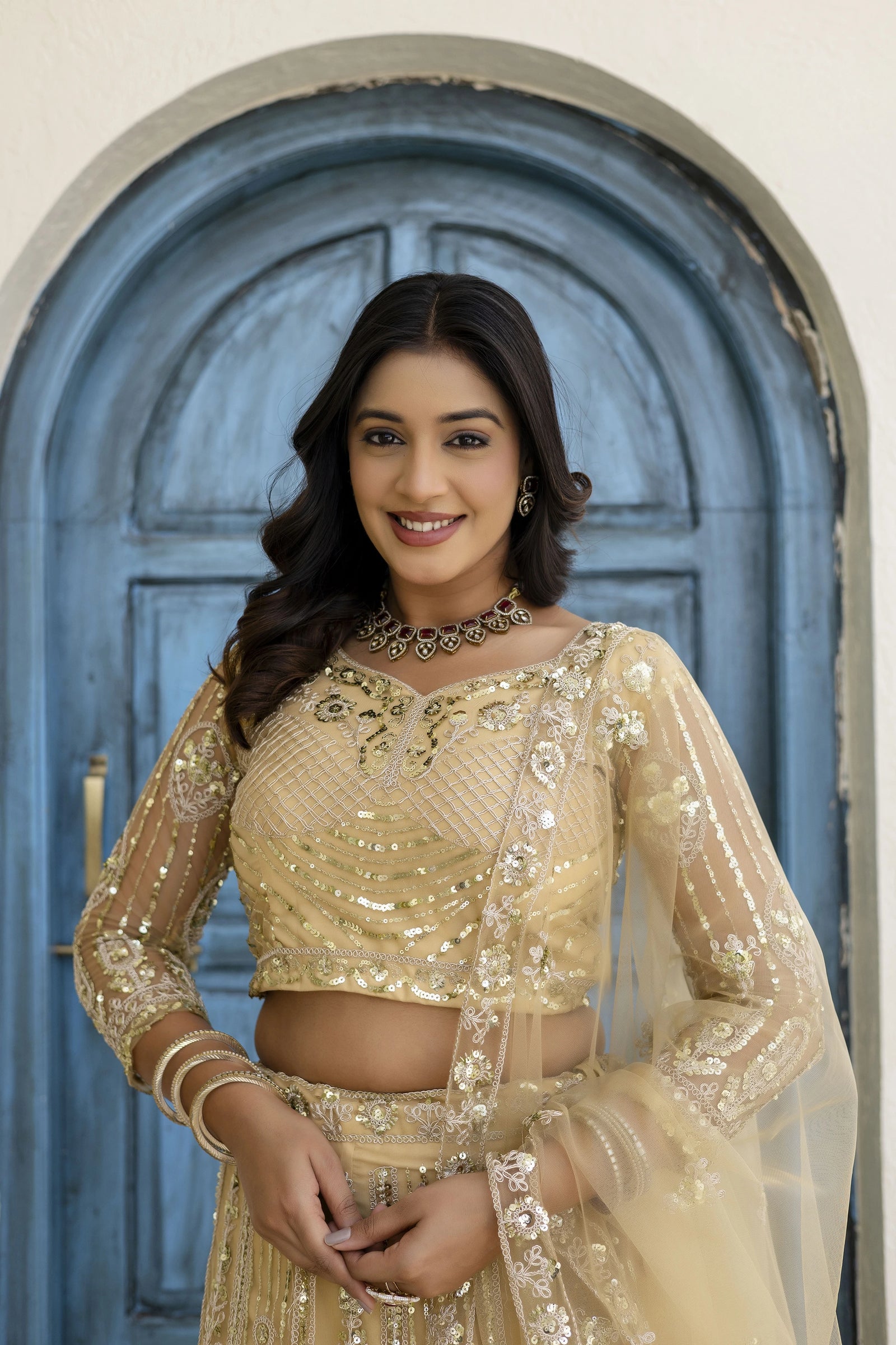 Beige Sequins Codding Embroidered Butterfly Net Lehenga