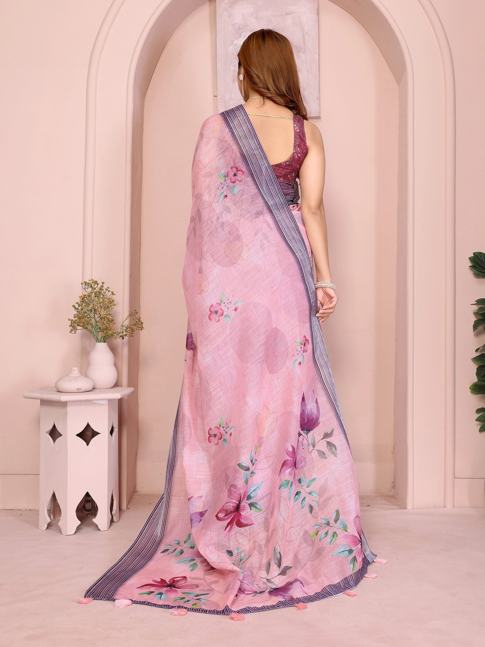 Pink Digital Floral Print Saree back view – magnolia and clematis floral pallu with navy contrast border spread