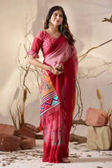Pink Georgette Saree – full front drape showing contrast orange peacock pallu