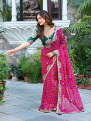 Pink Gota Patti Saree with bandhani print and zari border, front drape view