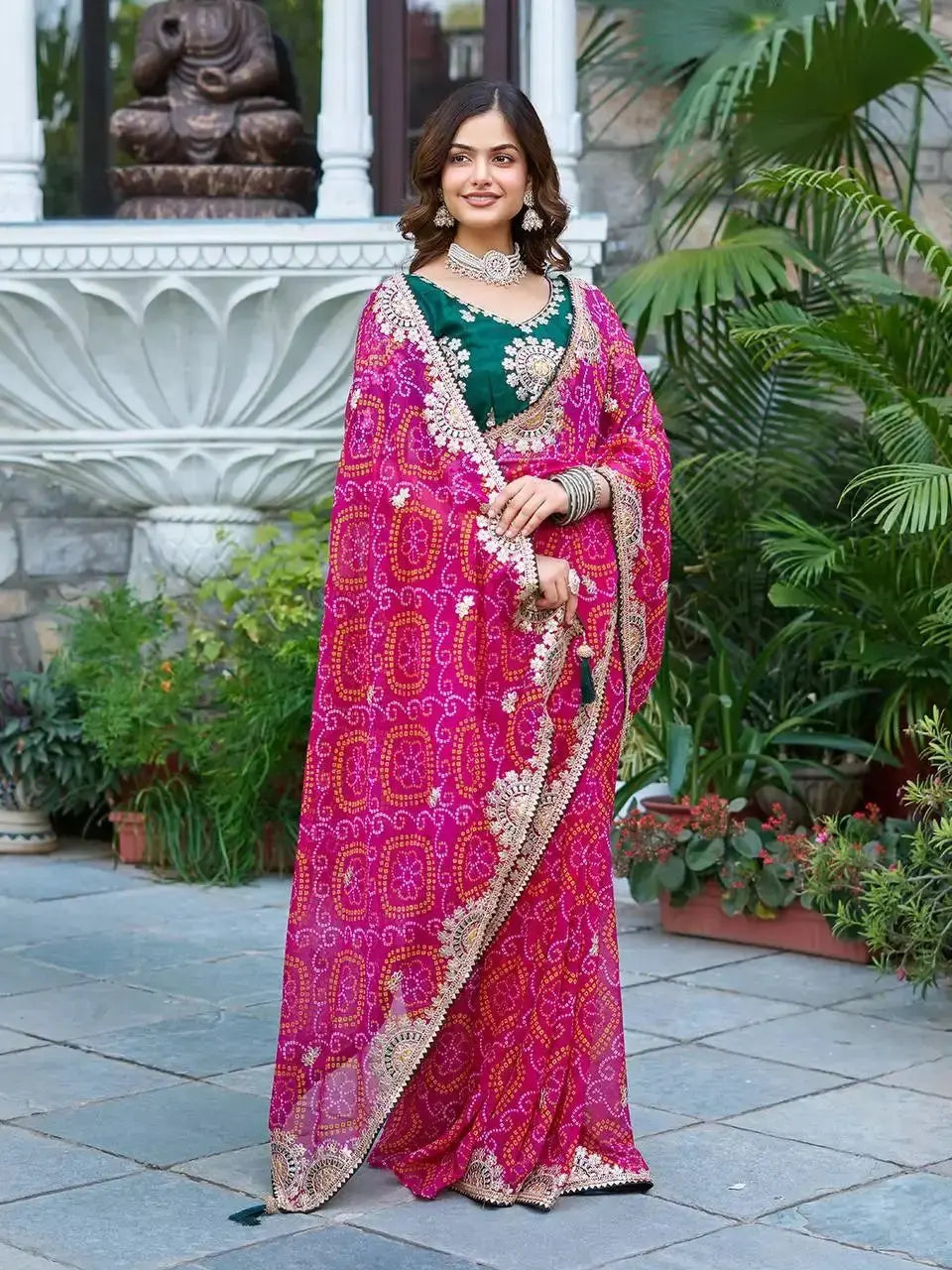 Model wearing Pink Gota Patti Saree with green Mono Silk blouse, front pose