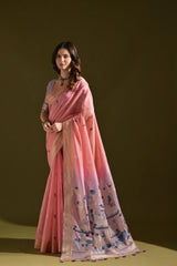 Pink Resham Weaving Saree with lavender-pink contrast pallu front drape view