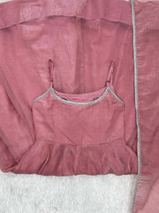 Pink Swarovski suit bodice with silver scalloped lace trim, detail shot