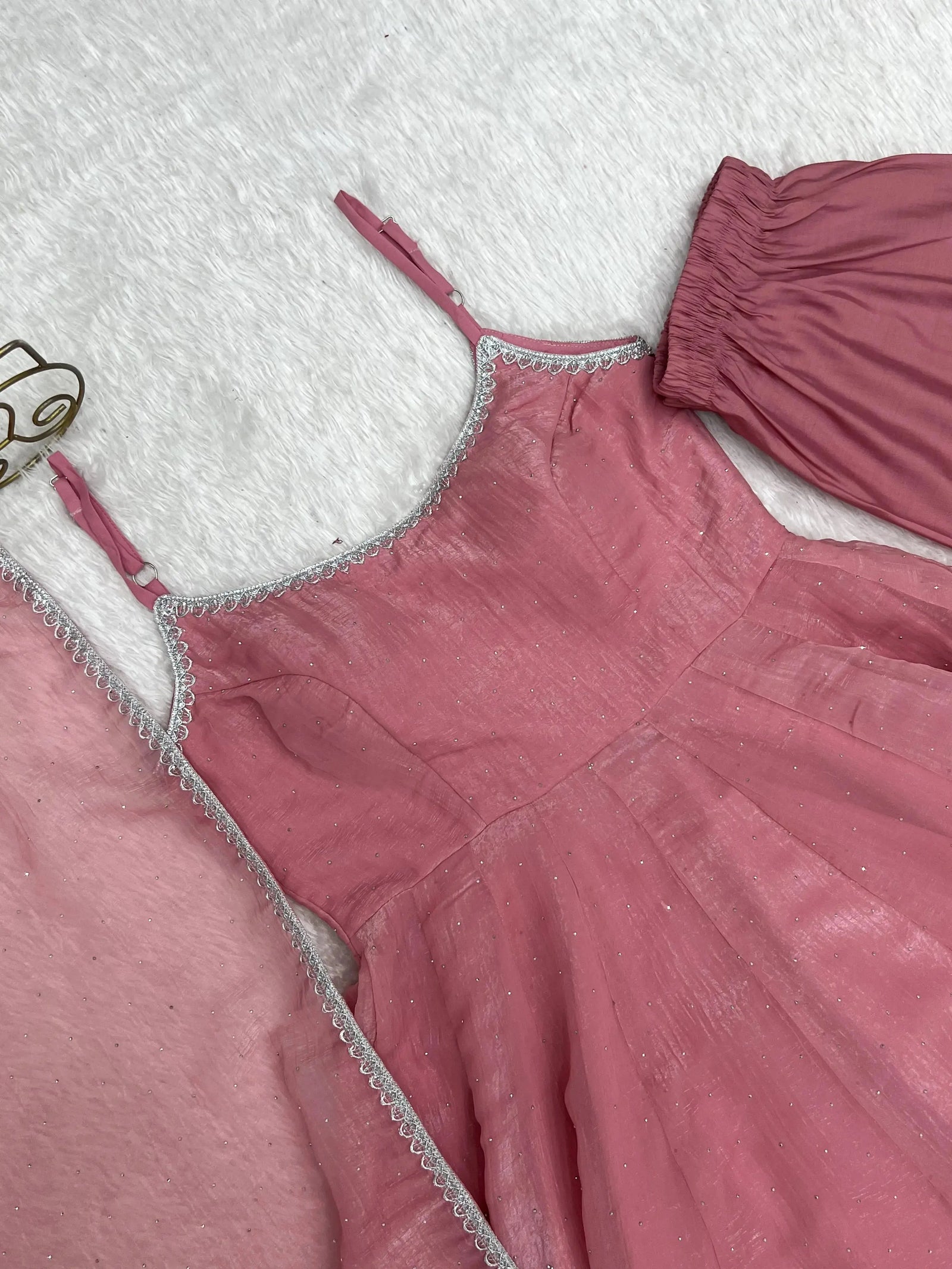Pink Swarovski suit flat lay detail of dupatta and pant border
