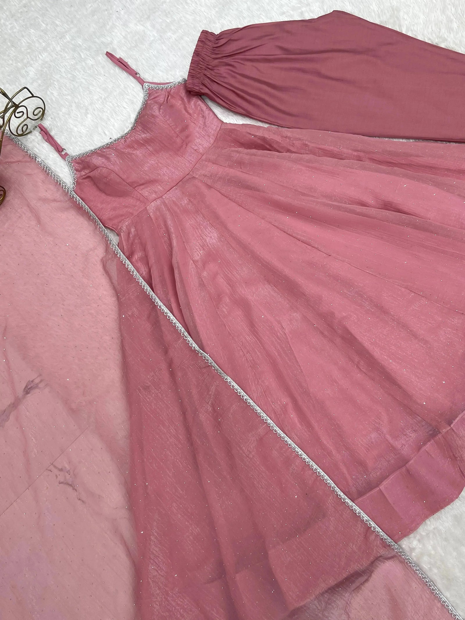 Pink Swarovski suit with dupatta laid flat
