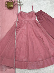Pink Swarovski suit, pant and dupatta set laid flat
