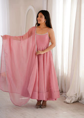 Pink Swarovski anarkali suit, side view showing flare