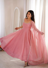 Pink Swarovski anarkali suit flared skirt in motion