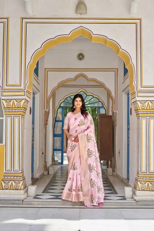 Pink Thread Embroidered Jacquard Saree with crane and lotus motifs, front drape view