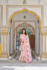 Pink Thread Embroidered Jacquard Saree with crane and lotus motifs, front drape view