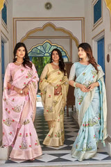 Pink Thread Embroidered Jacquard Saree with Yellow and Sky Blue colorway sarees