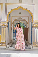 Pink Thread Embroidered Jacquard Saree pallu with embroidered crane motif