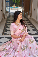Pink Thread Embroidered Jacquard Saree seated pose showing full drape