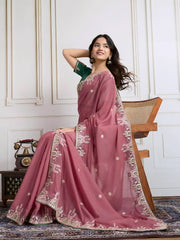 Pink Embroidery with Piping Border Work Star Georgette