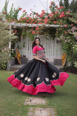 Gorgeous Black Ethnic Lehenga with Decorative Lotus Motifs, Vibrant Embroidered Blouse, and Timeless Indian Fashion