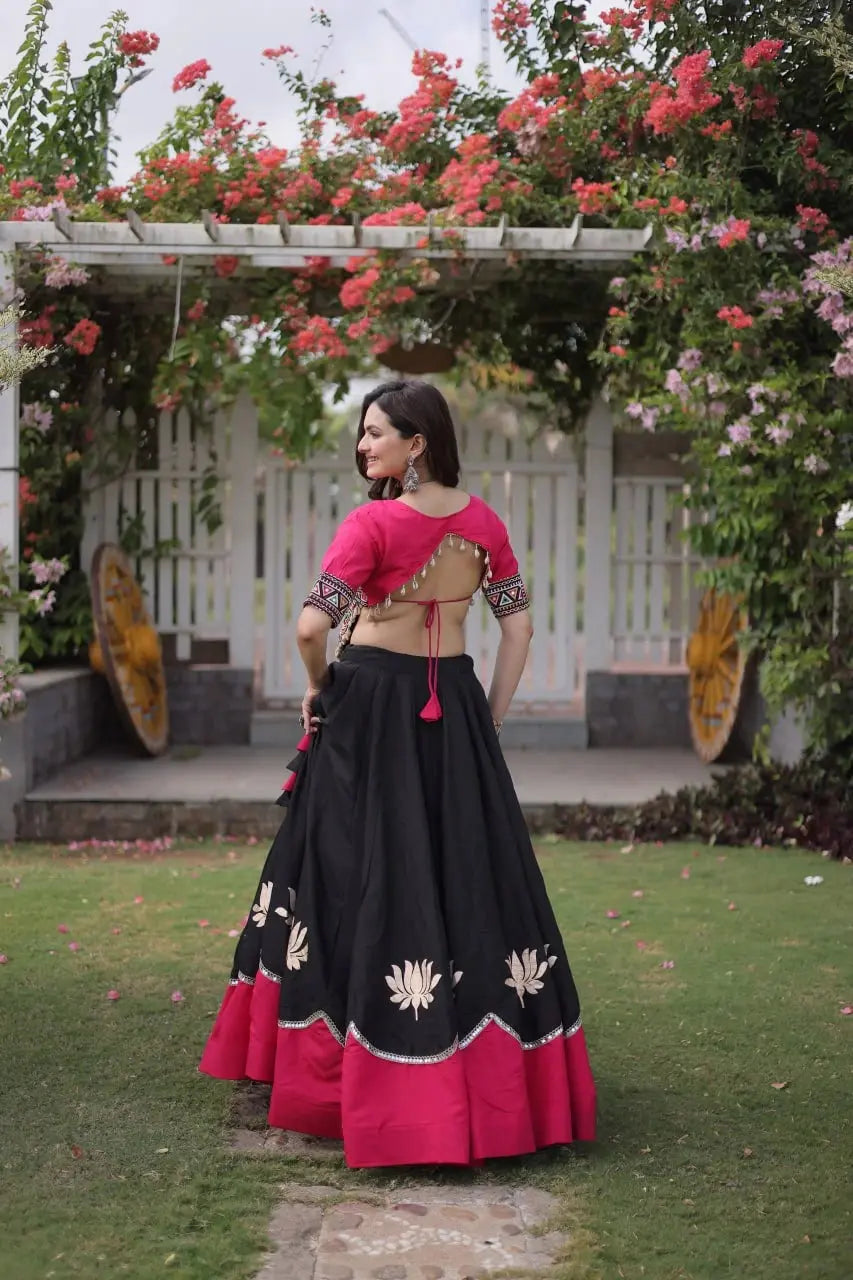 Elegant Black Flared Lehenga Set with Artisan Embroidered Bodice, Contrast Pink Hem, and Traditional Look
