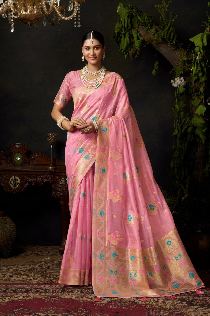 Woman wearing a pink saree with gold border in an elegant indoor setting
