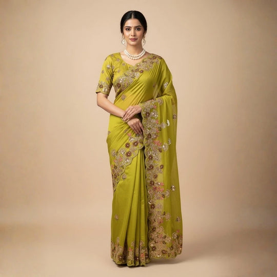 Woman wearing a green saree with floral patterns on a beige background