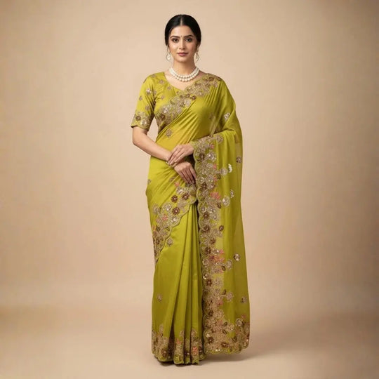 Woman wearing a green saree with floral patterns on a beige background