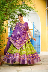 Woman wearing a traditional purple and green saree with a yellow wall and blue gate in the background