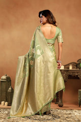 Woman wearing a green saree with a matching blouse against a brown background