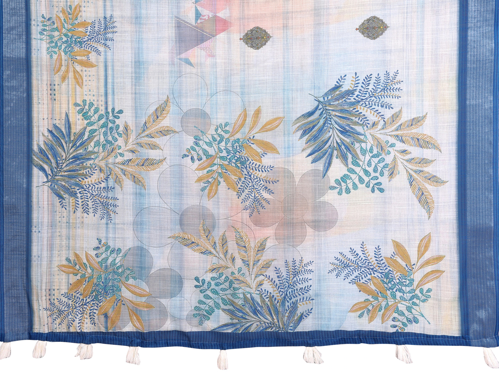 Powder Blue Digital Floral Print Saree – flat lay showing full tropical botanical leaf design and printed pallu